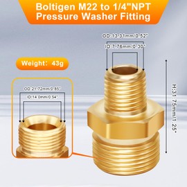 Boltigen M22 x 1/4NPT Pressure Washer Adapter, 2PCS M22 to 1/4 NPT Pressure Washer Coupler, 1/4" Male to M22 Male Adapter, M22 Pressure Washer Hose Fitting, Max 4800PSI