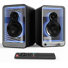 BESTISAN SR15 Bluetooth Bookshelf Speakers, Active Stereo Speakers for TV/Record Player with Subwoofer Out and Light Effects, Turntable Speakers with Optical/ARC/RCA Inputs for PC and TVs