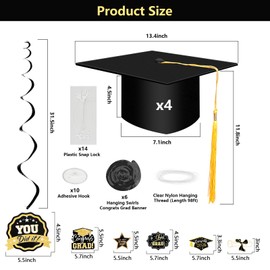Tryly 10pcs Hanging Graduation Caps Decorations Kits, 4 Class of 2025 Black with Gold Tassel Floating Graduation Hats, 6 Hanging Swirls Congrats Grad Banner for School Home Classroom Party Supplies