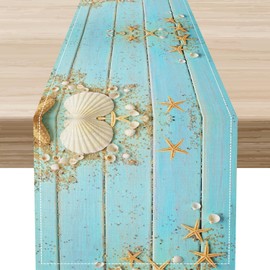 Summer Table Runner, Rustic Blue Teal Wood Beach Starfish Seashells Coastal Nautical Tropical Ocean Farmhouse Coffee Table Center Decor for Home Kitchen Dining Patio Indoor Outdoor, 13"x36" Inch