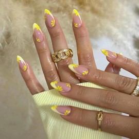 BABALAL Almond Press on Nails Medium Fake Nails Yellow Summer French Tip Glue ons Nails Daisy Pearl Design Acrylic Nails 24Pcs Stiletto False Nails