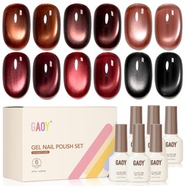 GAOY Red Cat Eye Gel Nail Polish Set with Magnet, 6 Colors Dark Red Burgundy Brown Glitter Gel Holography, Long Lasting for Nail Art at Home & Salon Manicure
