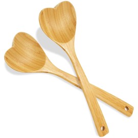 2 Pieces Bamboo Heart Shaped Wooden Spoon Set, 12.2 Inch Long Handle Wooden Kitchen Utensils Wooden Serving Mixing Spoon for Valentine's Day, Mother's Day, Housewarming, Birthday, Wedding Gifts