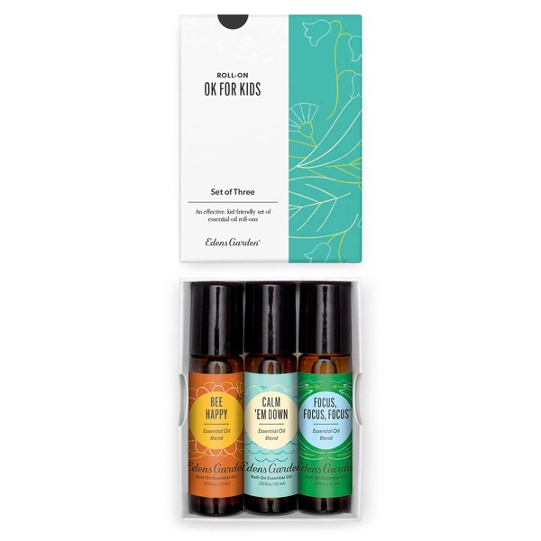 Edens Garden "OK for Kids" Roll-On 3 Set, Best 100% Pure Essential Oil Blend Aromatherapy Starter Kit (Child Safe 2+, Pre-Diluted & Ready to Use), 10 ml Roll-On Set of 3