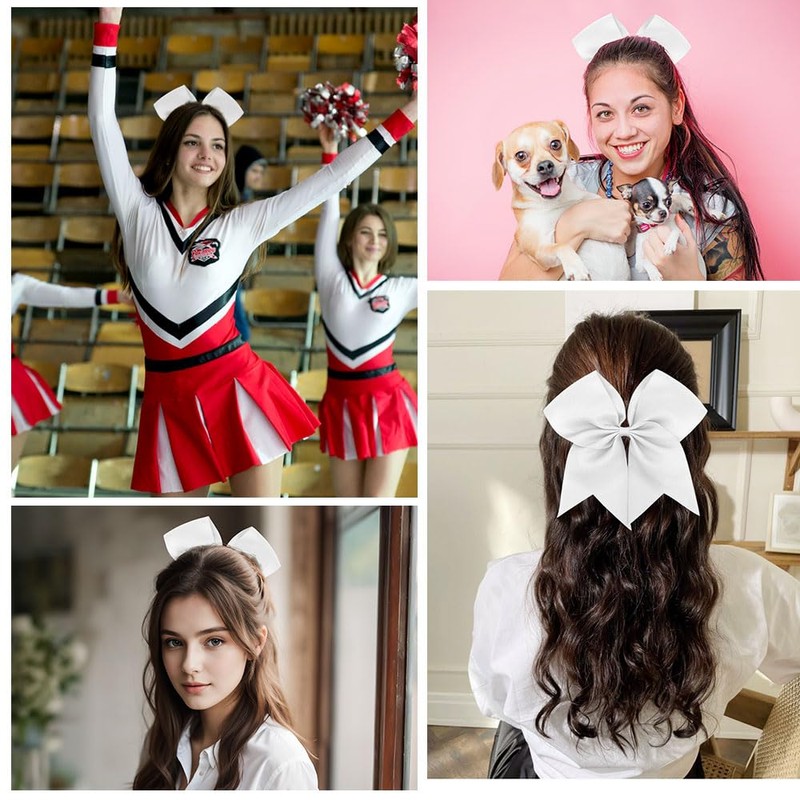 2 PCS 8" Cheer Bows, White Cheer Bow for Cheerleader,