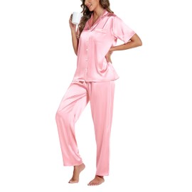 LUBOT Silk Pajamas for Women Satin Pajama Sets PJ 2 Piece Short Sleeve Long Pants Soft Button Down Loungewear Sleepwear (Pink,M)