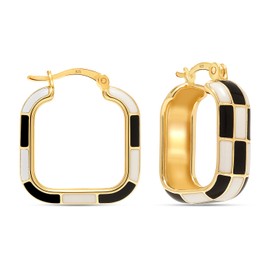 LeCalla 925 Sterling Silver Square Shaped Hoop Earrings for Women | 14K Gold-Plated Black & White Enamel Hoop Earring | Enamel Earrings Jewelry Gift for Her Girlfriend Wife 25MM