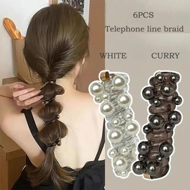 6pcs Pearl Spiral Braided Telephone Scrunchies Hair Ties White Curry Phone Cord Ponytail Braids Fixed Hair Rope Bead Swivel Hair Rope