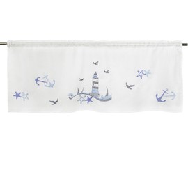 Delindo Lifestyle Net Curtain Lighthouse Motif, Modern and Transparent Bistro Curtain, White/Blue, for Kitchen and Bathroom, 45 x 115 cm