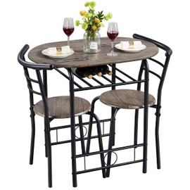 Yaheetech 3 Piece Dining Table Set, Kitchen Table & Chair Sets for 2, Compact Bistro Table Set with Steel Legs, Built-in Wine Rack for Small Space, Apartment, Breakfast Nook, Drift Brown