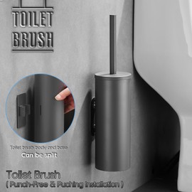 Stainless Steel Toilet Brush and Holder Set, No-Punch Hook Base Dual Purpose Toilet Brush Holder with Removable Inner Bucket and Splash Cover - Soft Bristles (Gray)