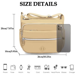 GOUNNU Shoulder Bag Women's Waterproof Crossbody Bag Nylon Leisure Shoulder Bag Many Compartments Women's Handbag with Adjustable Wide Shoulder Strap Messenger Bag Lightweight, Khaki-1