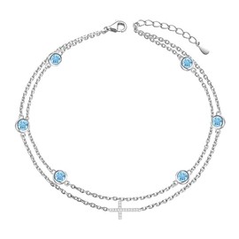 Wasee March Birthstone Bracelet Anklet for Women 925 Sterling Silver Aquamarine Birthstone Adjustable Cross Bracelet Birthday Anniversary Christmas Bracelet/Anklets Jewelry for Women