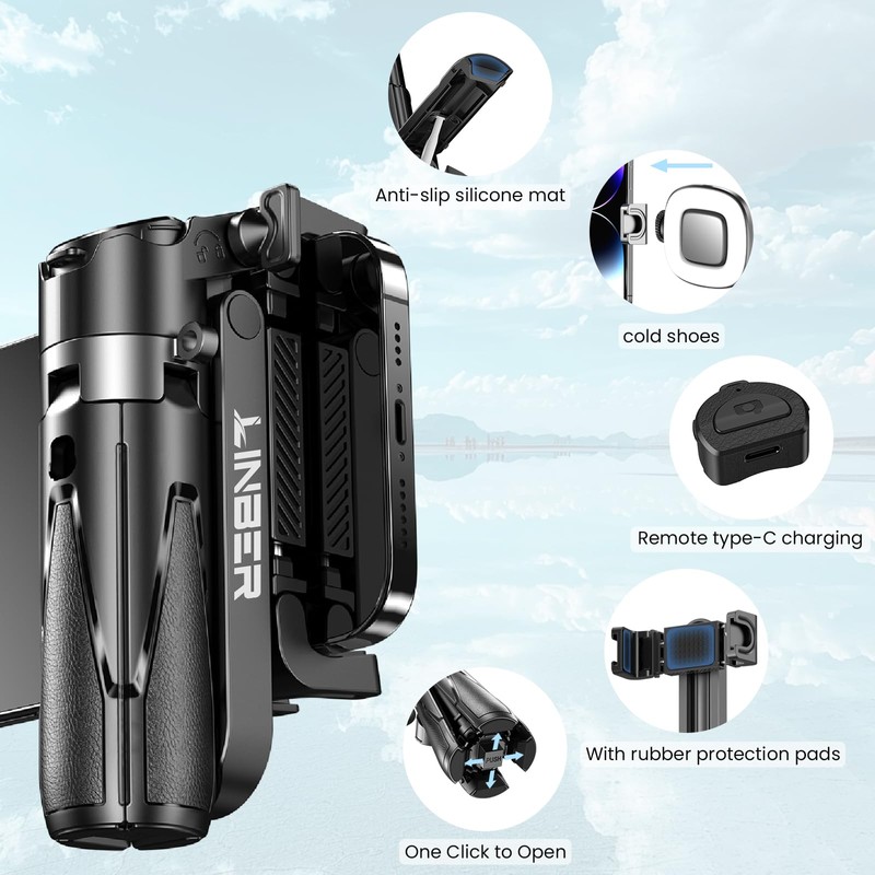 LINBER Mini Selfie Stick Tripod with Detachable Remote, 3 in