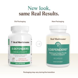 Real Mushrooms 5 Defenders Mushroom Complex – Organic Adaptogenic Mushroom Blend with Chaga, Reishi, Turkey Tail, Maitake & Shiitake for Wellness Support - Mushroom Beta Glucan Capsules - 200 Count