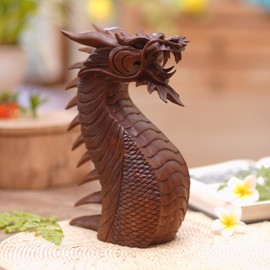 NOVICA Artisan Handmade Wood Indonesia Sculpture Animal Themed 'Dragon's Head' Statuette, Brown
