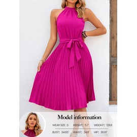 KIRUNDO Women's 2025 Summer Sleeveless Halter Neck Pleated Midi Cocktail Dresses A Line Flowy Beach Sun Dress with Belt (Rose Red, Large)