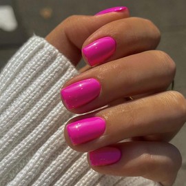 KXAMELIE 48 PCS Hot Pink Press on Nails Short Square Nails Acrylic,Fake Nails Short Coffin Stick on Nails for Women Feature Gel Finish,Short False Nails Press on,Natural Petite Glue on Nails