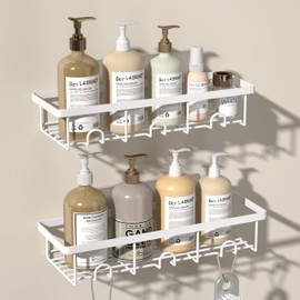 Oasiteege Adhesive Shower Caddy Organizer, 2 Pack Shampoo Holder Basket Shelves for Storage and Organization, Wall Suction Bath Bathtub Rack Set for RV Camper, Bathroom Decor and Accessories, White