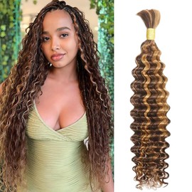 Human Braiding Hair for Boho Braids 4/27 Deep Wave Bulk Human Hair for Braiding 16 Inch 1 Bundles 50g 100% Brazilian Wet and Wavy Curly Human Hair Braiding Hair Extensions No Weft Bundles