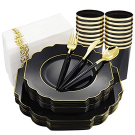 Nervure 140PCS Black Plastic Plates & Gold Plastic Silverware with Black Handle - Gold Disposable Plates Include 40Plates, 20Forks, 20Knives, 20Spoons, 20Cups, 20Napkins Perfect for Party & New Years