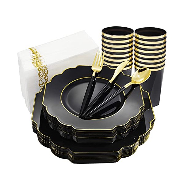 Nervure 140PCS Black Plastic Plates & Gold Plastic Silverware with