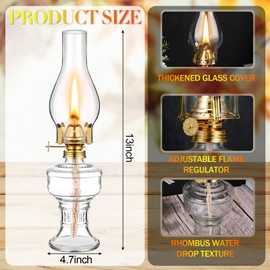2 Pcs Chamber Oil Lamps for Indoor Use Vintage Kerosene Lamp Rustic Hurricane Kerosene Lantern with Adjustable Fire Wick Lighting Oil Lantern for Home Emergency Lighting, 13'' High(Clear)