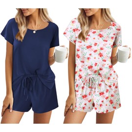 Ekouaer Womens 2 Pack Pyjamas Plus Size Nightwear Summer Loungewear Homewear Short Sleeve Sleep & Lounge, Navy+Flowers2, XXL