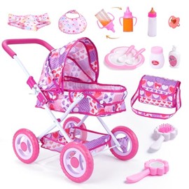 BABESIDE Baby Doll Stroller Set for 10–12 Inch Dolls Only, 10-Piece Doll Stroller with Feeding & Care Accessories, 18-Inch Handle Height, Pretend Play Toy for Girls (Doll Not Included)
