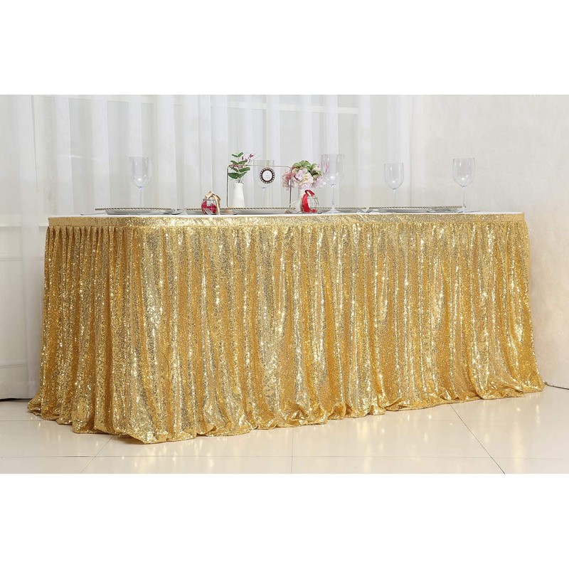 PartyDelight 6ft Gold Sequin Table Skirt for Round/Rectangle/Square Table for