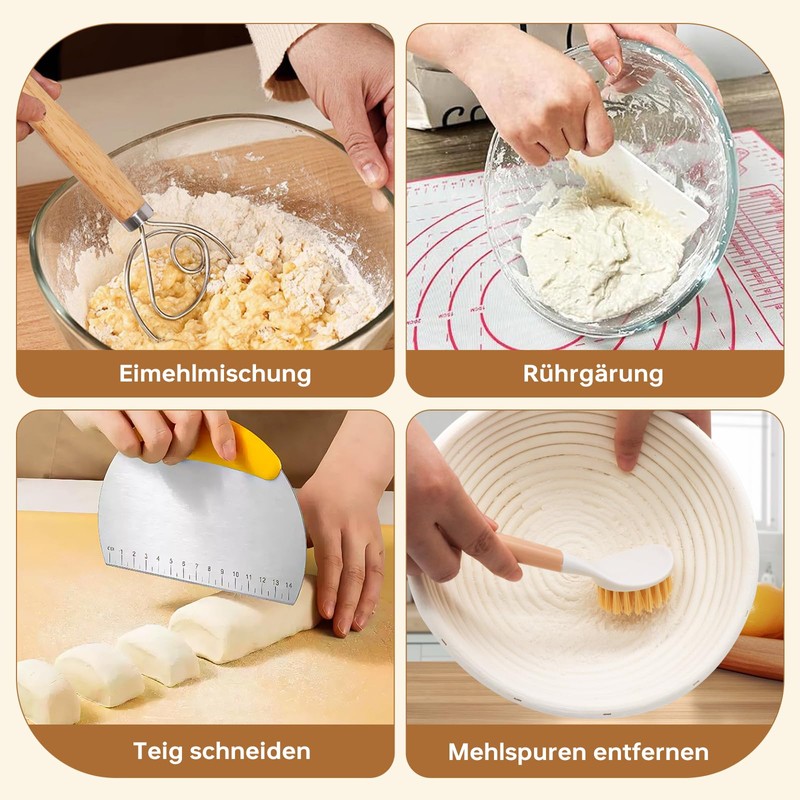 Toyvile 10-Teilig Sauerteig Starter Set, 23 cm Gärkorb Rund, Gärkörbchen