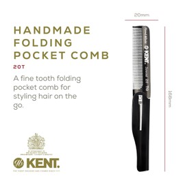 Kent 20T Black Graphite Handmade Folding Pocket Comb for Men, Fine Tooth Hair Comb Straightener for Everyday Grooming Styling Hair, Beard or Mustache, Use Dry or with Balms, Saw Cut, Made in England