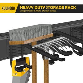 XUUHOOG “48” Adjustable Garage Wall Tool Organizer - Full-length bracket for garage storage with 3 tool hooks, 2 double hooks, 2 single hooks and 3 rails in heavy-duty construction,tool organizer
