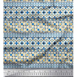 Soimoi Blue Moss Georgette Fabric Aztec Geometric Printed Craft Fabric BTY 42 Inch Wide