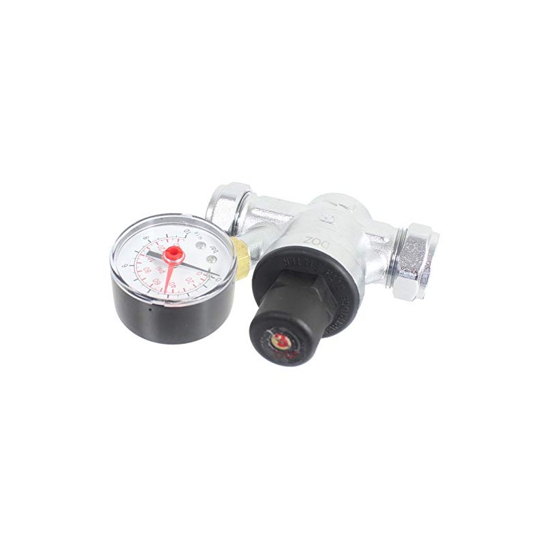 SPARES2GO Boiler Pressure Reducing Regulator Valve with Gauge for 22mm