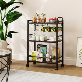 Home Bar Serving Cart, Serving Cart with Wheels and Handle, 3 Tier Rolling Kitchen Cart, Microwave Cart, Beverage Cart with Wine Holder and Glass Holders, for Dinning Room, Living Room, Black