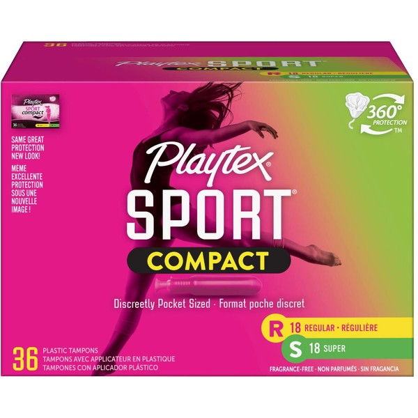 Playtex Sport Compact Athletic Tampons, Regular & Super Absorbency, Multi-Pack of 36 Tampons