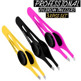 Professional Eyebrow Tweezers Slanted Tip Stainless Steel 2,3xPcs Set, Non-Slip Grip Slant Tip Tweezers for Facial Hair, Plucking Removing Ingrown Hairs, Tweezer for Women Men (Black&Pink&Yellow)