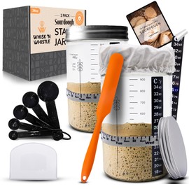 Premium Sourdough Starter Kit Jar 2 Pack - 34 oz Large Capacity Wide Mouth Sourdough Starter Jar Glass with Unique Features - Spatula, Thermometer, Date Marked Band - Sourdough Bread Baking Supplies