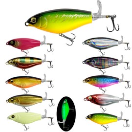 10pcs Whopper Fishing Lure for Bass Topwater Popper Fishing Lures with Long Floating Rotating Tail Treble Hooks Freshwater Plopping Lures for Bass Catfish Pike