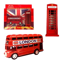 London Souvenir Pencil Sharpeners Set – Die-Cast Metal London Bus & Telephone Box – UK British Souvenir Gift - Set of 2