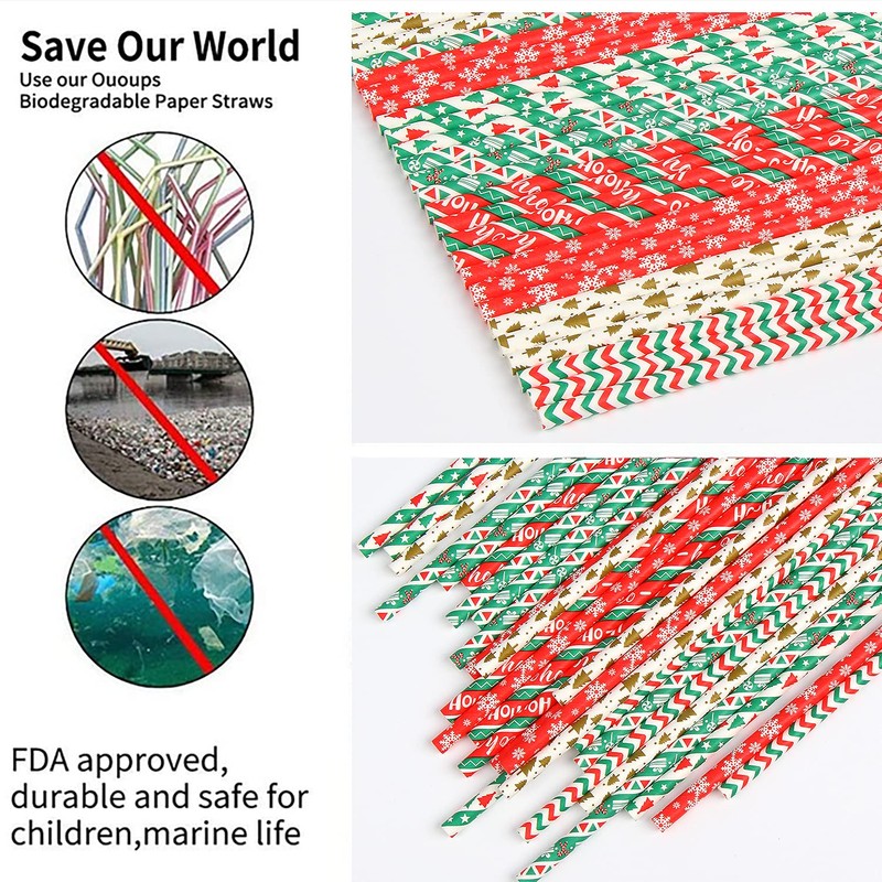 VEYLIN 150 PCS Christmas Paper Straws, Biodegradable Paper Straws for