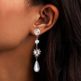 TseenYi Pearl Long Drop Wedding Earrings Pearl Long Dangle Earrings Long Crystal Pearl Tassel Earrings Vintage Pearl Long Dangle Gold Heart Earrings Earrings Jewellery for Women and Girls
