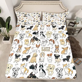 Dog Fitted Sheet Set I Love Dogs Bedding Sets Pug Corgi Shiba Puppy Fitted Bed Sheets for Kids Boys Girls Kawaii Animals Cartoon No Top Flat Sheet with 2 Pillow Cases Bedroom Decor Full Size