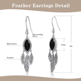 AVECON Black Onyx Feather Dangle Earrings for Women 925 Sterling Silver Earring Boho Leaf statement Earrings Unique Feather Drop Earrings Western Vintage Jewelry Gifts for Her