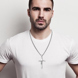 JewelryWe Jesus Crucifix Cross Necklace: Unisex Silver Stainless Steel Men Women Religious INRI Pendant 22+2 Inch Adjustable Wheat Chain