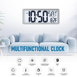 TXL Silver Large Digital Wall Clock with Backlight, 14.2" Battery Operated Alarm Clock with Day, Date & Temperature, Large Wall Clock for Classroom,Bedroom, Livingroom, Office，（Battery Included）