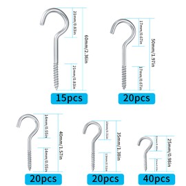 pzihao Pack of 115 Screw Hooks, Cup Hook Screw, Ceiling Hooks, Screw-In Hooks, Wooden Hooks with Wooden Thread for Hanging for Screwing - 5 Sizes, Silver