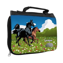 Toiletry Bag with Name Louisa and Horse Motif for Girls, Toiletry Bag with First Name, Wash Bag for Children, black
