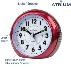 Atrium Wecker Analog Quarz ohne Ticken mit Licht und Snooze Rot Metallic A240-1